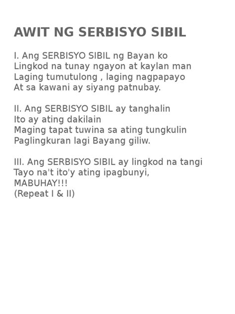 [Lyrics] Awit ng Serbisyo Sibil .
